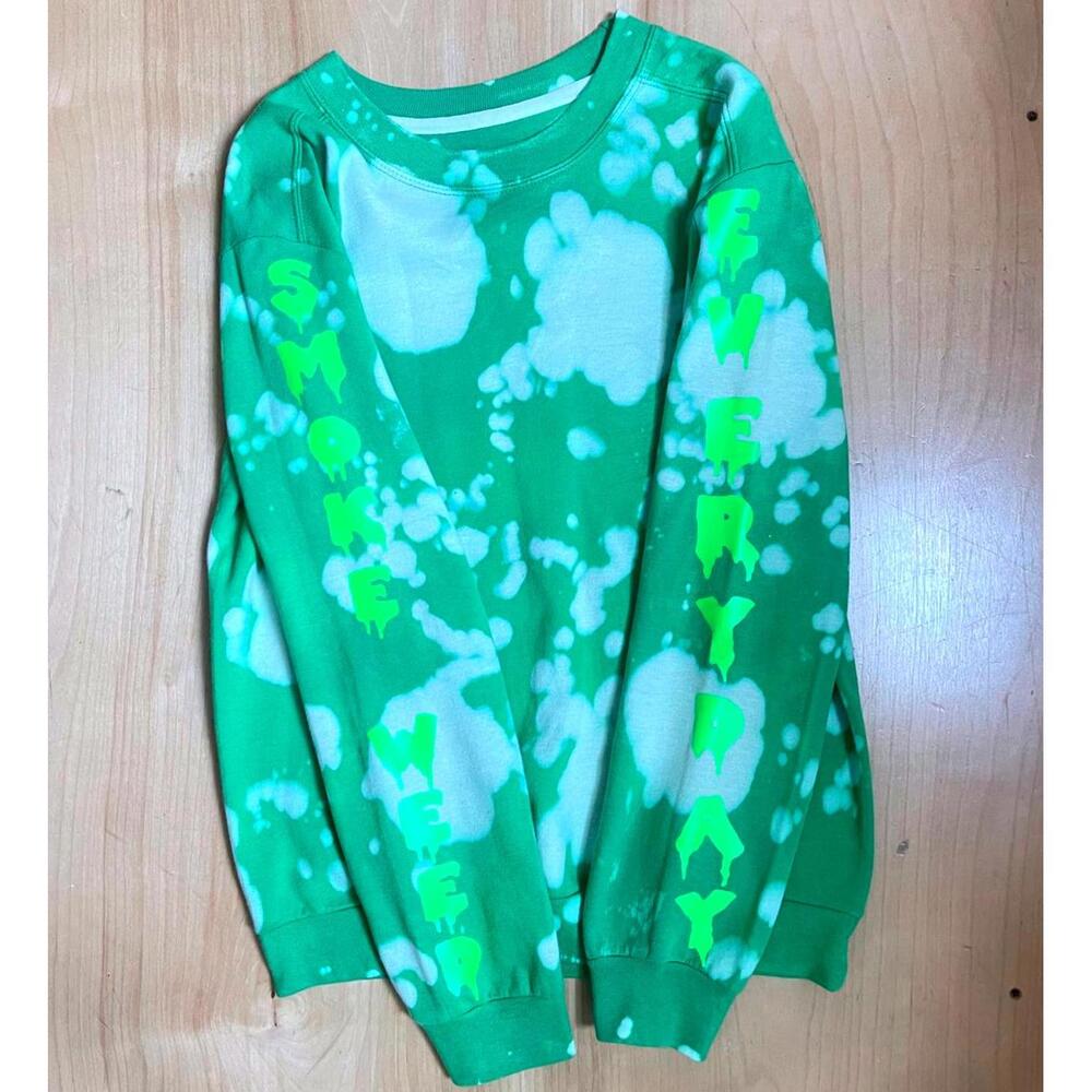 Custom Made Bleached "Smoke Weed Every Day" Mens Small Crewneck Sweatshirt Green